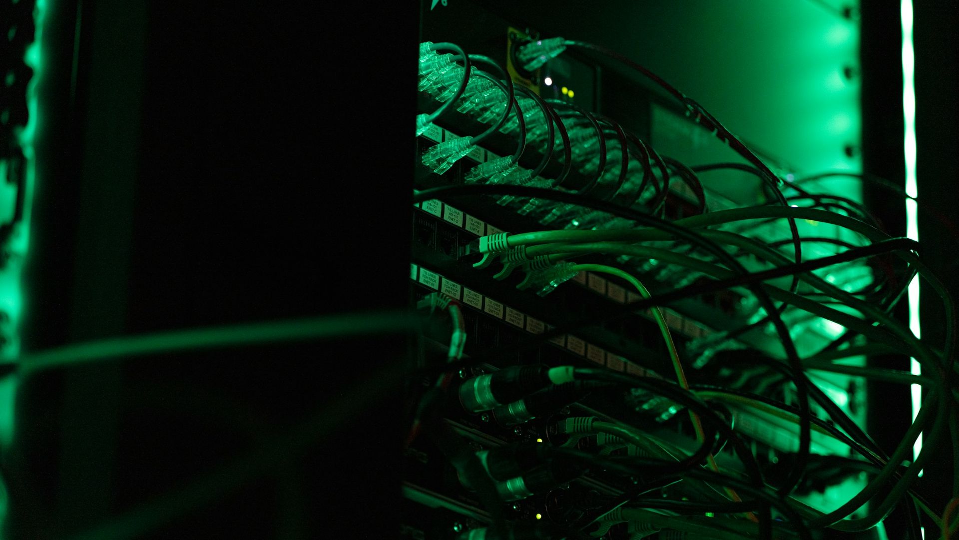 Close view of cabling on an equipment rack